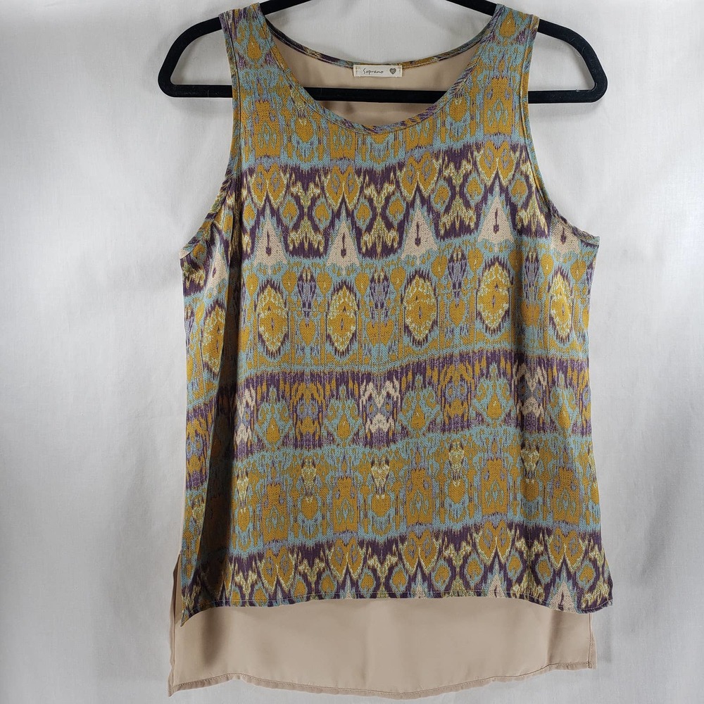 Soprano Olive Green, Yellow & Tan Size XS Sleeveless Boho Round Neck Hi-Lo Top